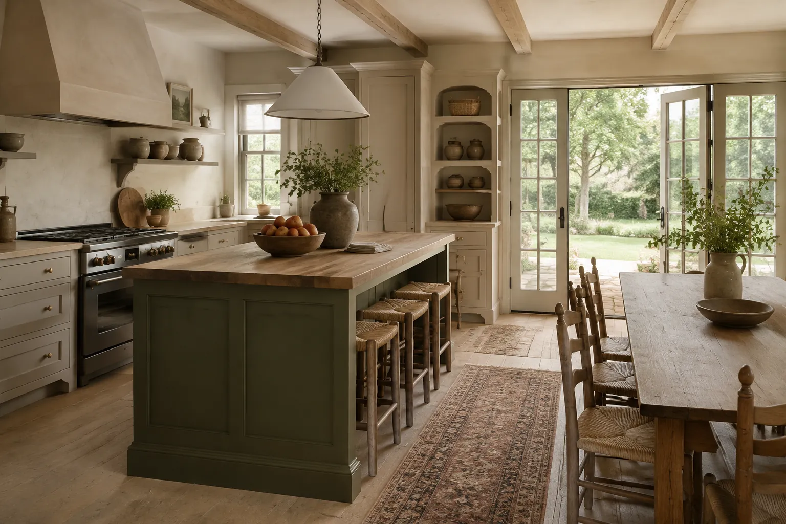 Country kitchen with a deep olive island, oak dining table, rush chairs, and French doors to a garden