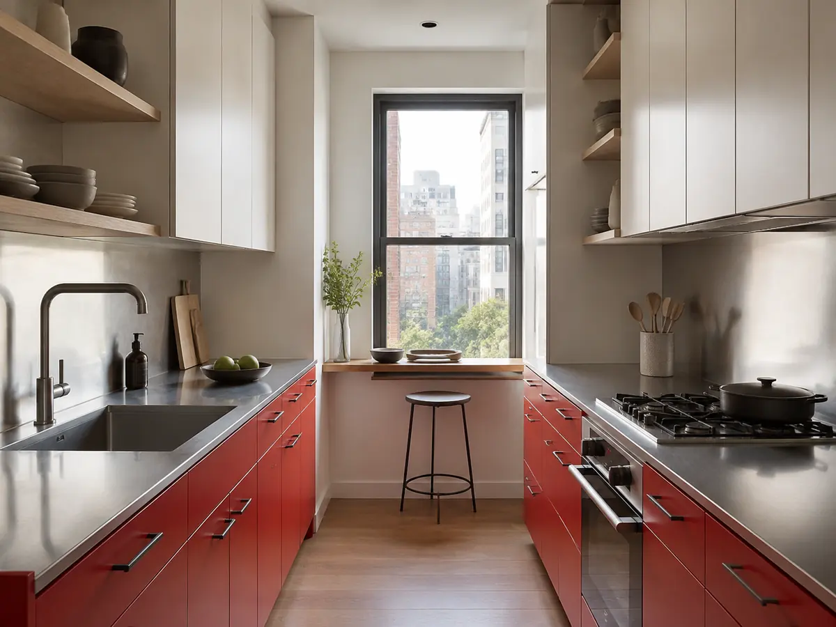 Compact fictional galley kitchen with red lower cabinetry, warm-white uppers, and stainless counters