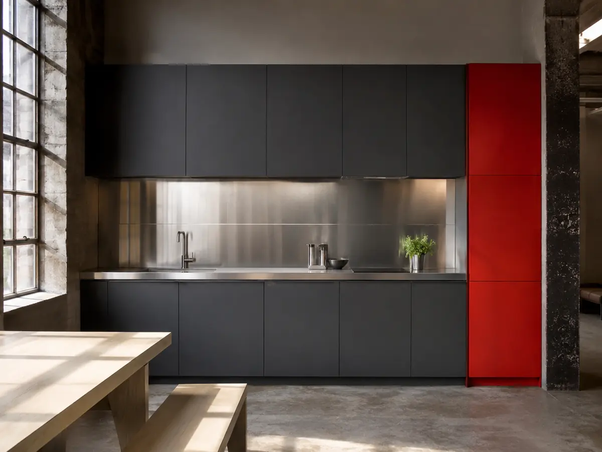 Graphic fictional loft kitchen with graphite cabinets, stainless backsplash, and a red pantry column