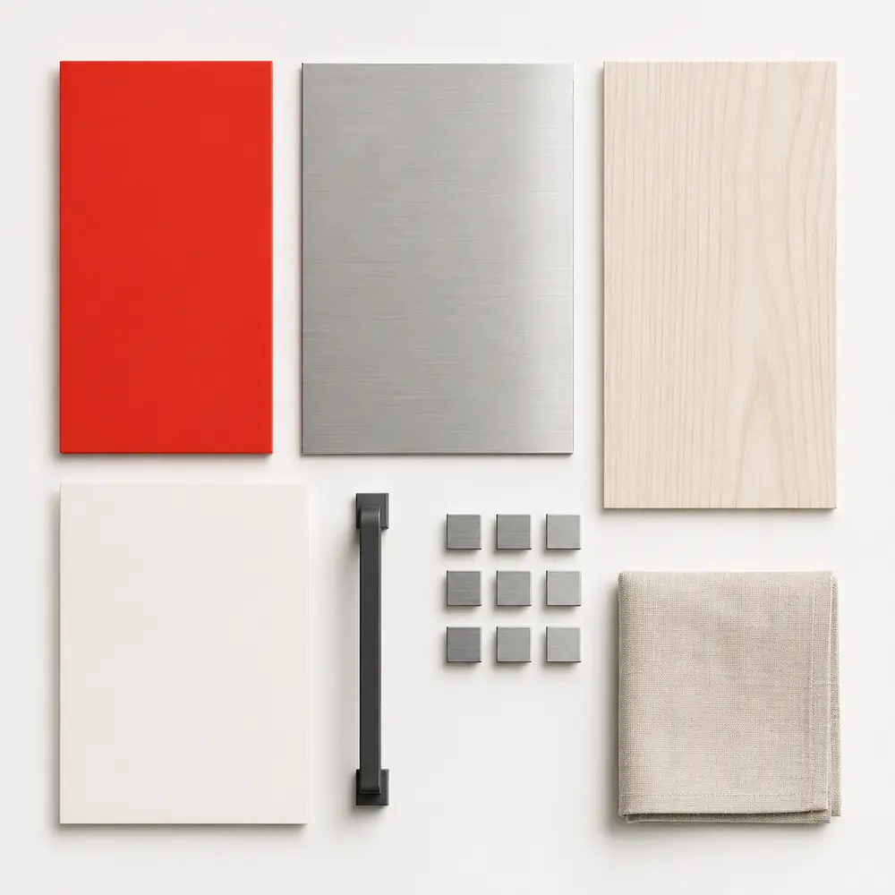 GRIDFORM concept material flatlay with red lacquer, brushed metal, pale ash, warm white, and graphite