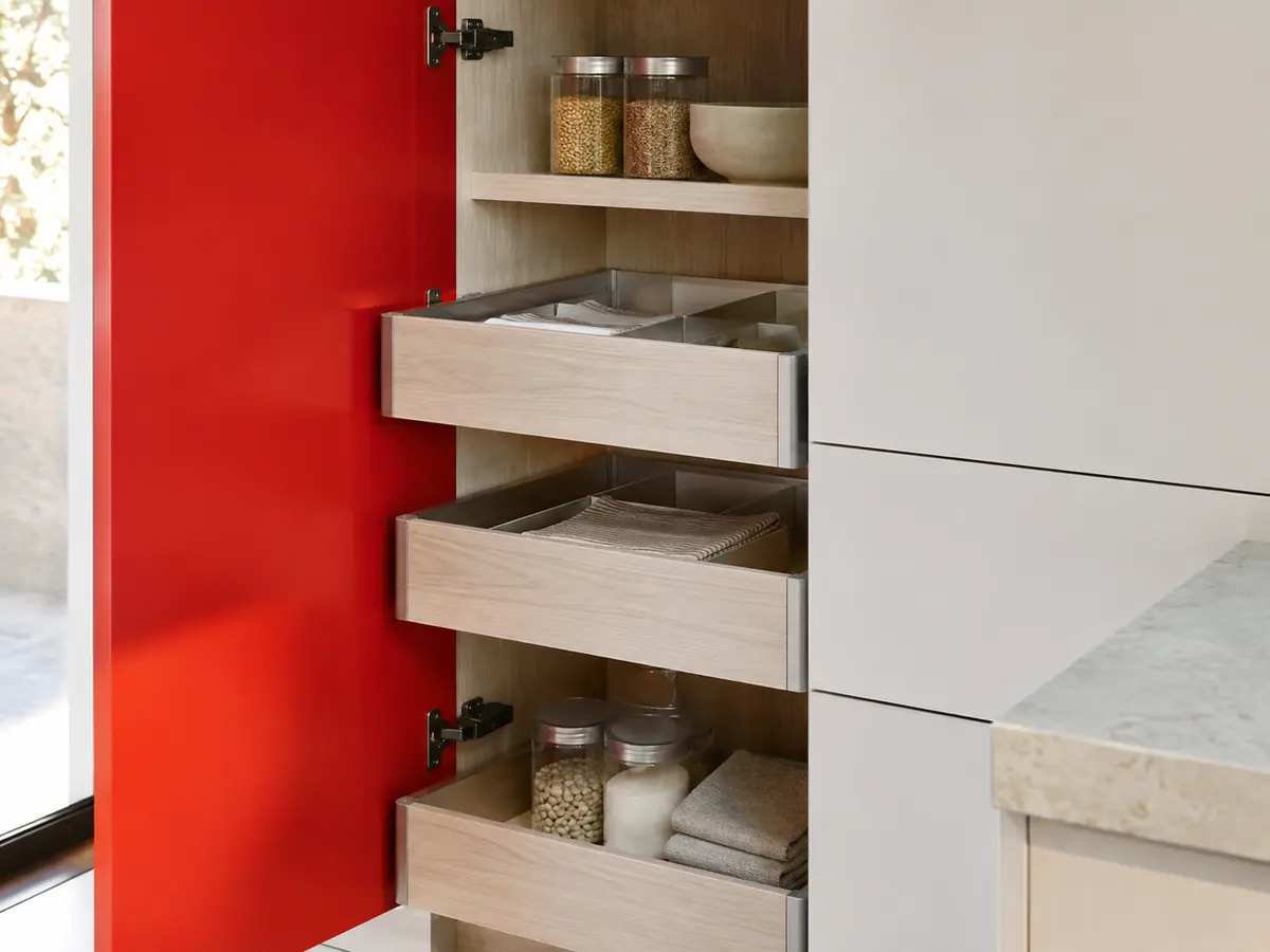 Open red GRIDFORM concept pantry with pale ash pull-out drawers and organized kitchen storage