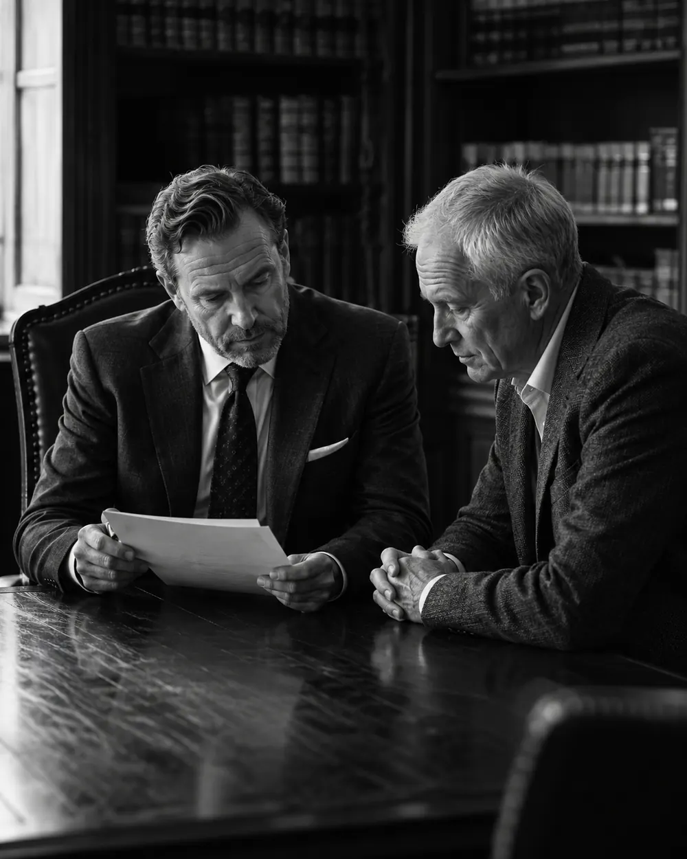 Two fictional professionals reviewing a document during a private consultation