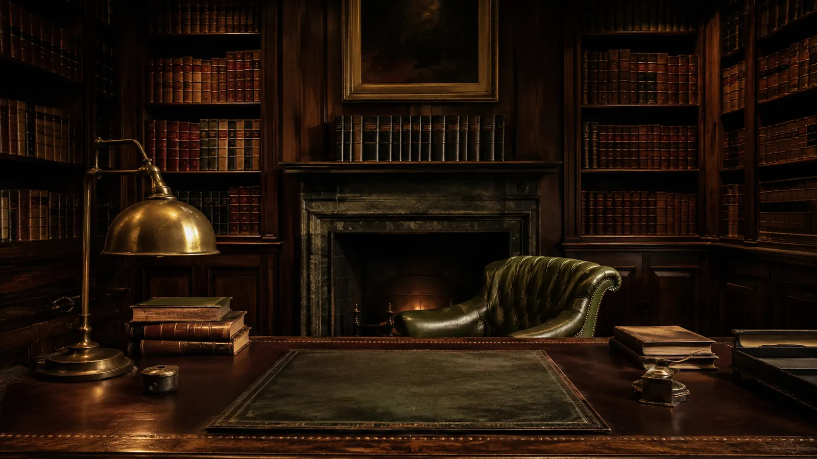A dark walnut private law library with leather books, green chair, and brass lamp