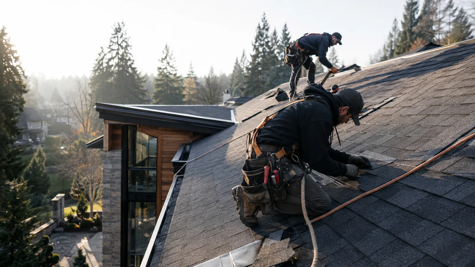 Roofing crew working with safety equipment on a charcoal shingle roof