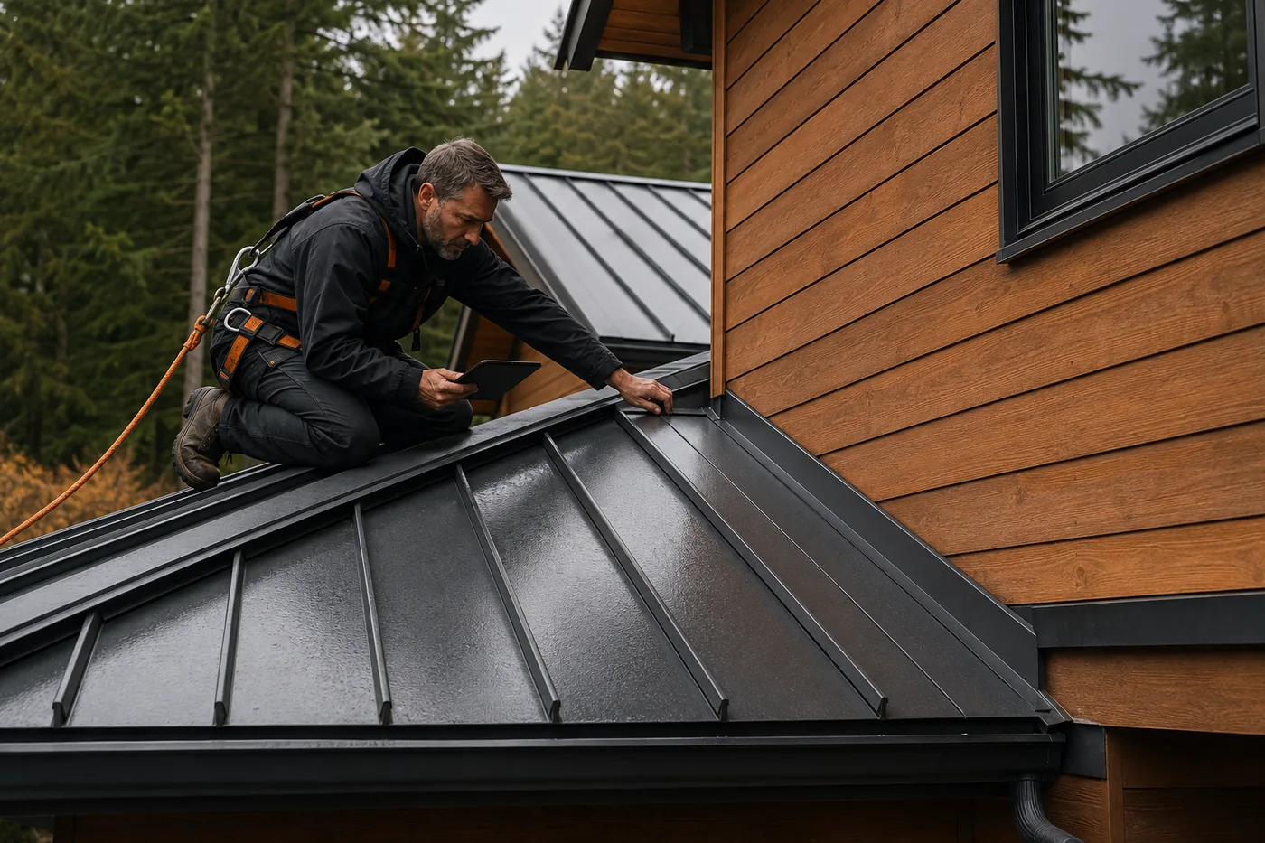 Roofing professional inspecting flashing on a standing-seam metal roof