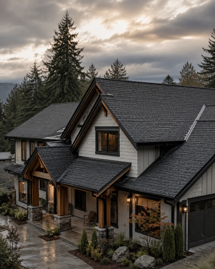 Fictional completed craftsman-home roofing project after rainfall