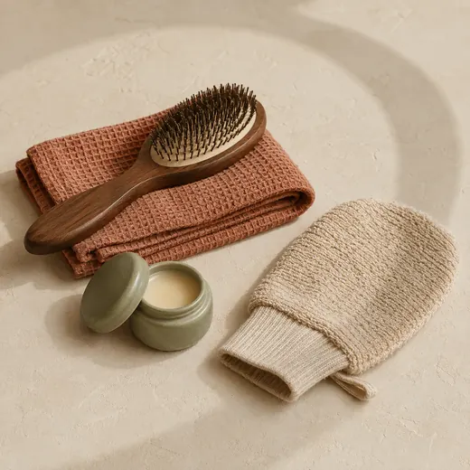 Walnut pet brush, clay towel, sage balm jar, and cotton wash mitt