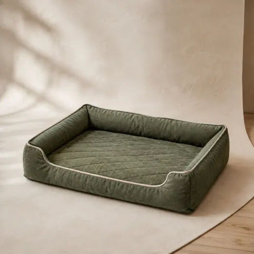 Moss green quilted rectangular pet bed