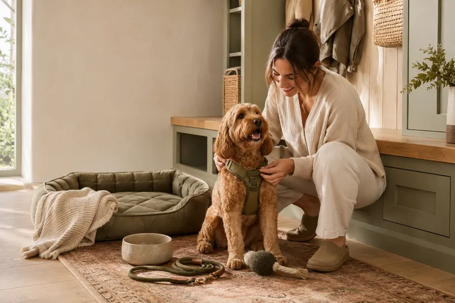 A relaxed pet and owner in a warm family mudroom