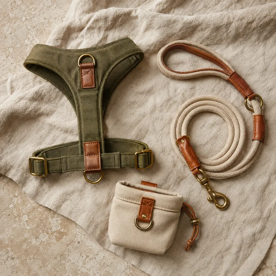Earth-tone harness, lead, and treat pouch arranged for the fictional collection