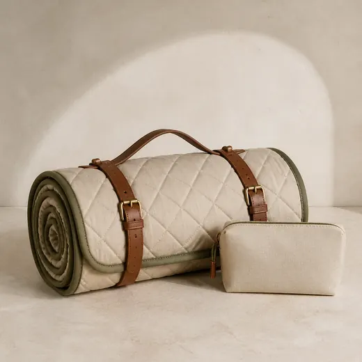 Rolled oat quilted pet blanket with moss binding and cognac straps