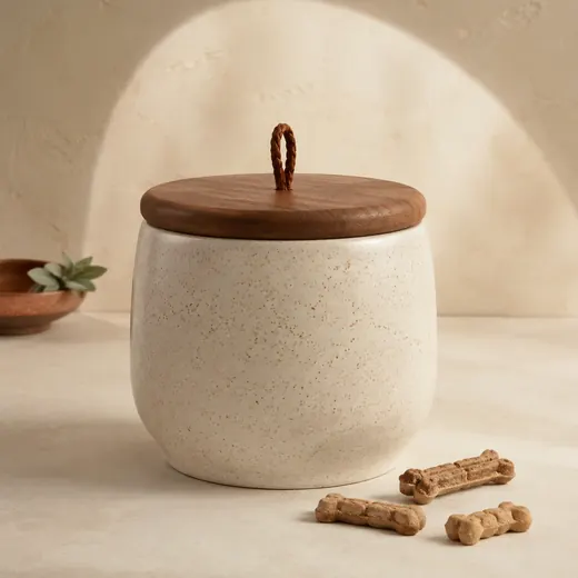 Speckled cream stoneware pet treat jar with a walnut lid