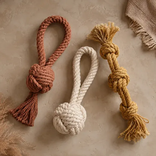 Three woven rope pet toys in clay, oatmeal, and muted mustard